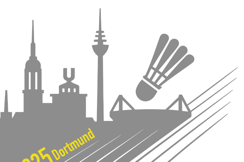 Silhouette einer Stadt mit Wahrzeichen und einem Federball &uuml;ber dem Schriftzug &bdquo;2025 Dortmund&ldquo;.