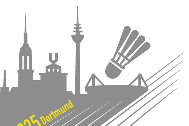 Silhouette einer Stadt mit Wahrzeichen und einem Federball &uuml;ber dem Schriftzug &bdquo;2025 Dortmund&ldquo;.