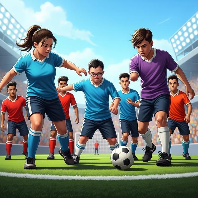 Sechs junge Fu&szlig;ballspieler in verschiedenen Trikots stehen bereit, um einen Ball auf einem Stadionrasen ins Spiel zu bringen.