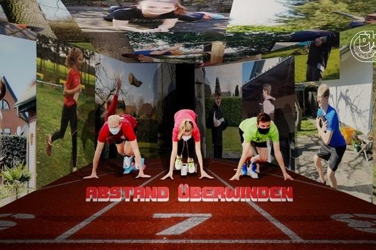 Drei Sportler in Startposition auf einer Laufbahn, umgeben von Bildern, mit dem Schriftzug &bdquo;ABSTAND &Uuml;BERWINDEN&ldquo;.