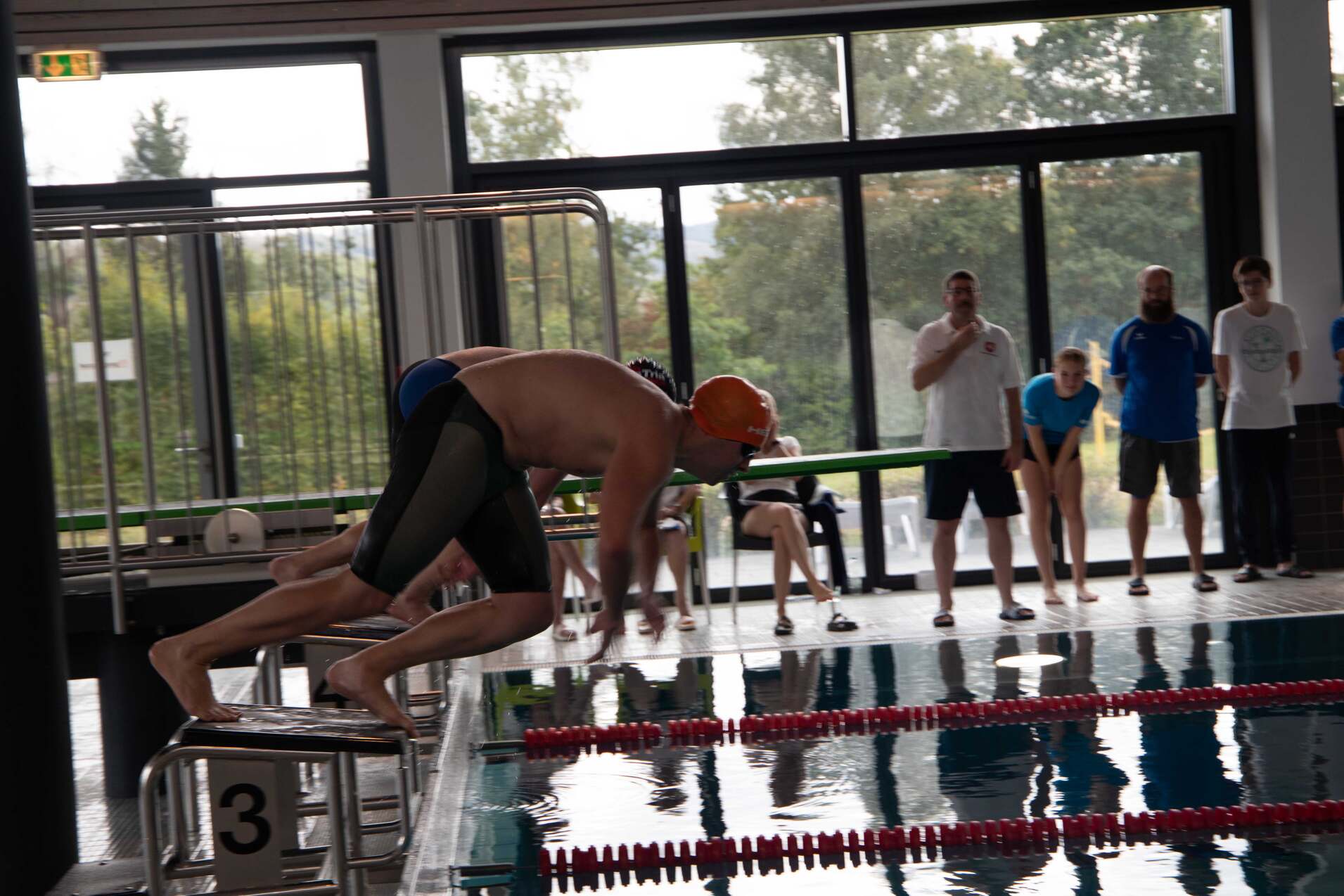 Schwimmer springt vom Startblock ins Wasser, Zuschauer beobachten am Beckenrand in einem Hallenbad.
