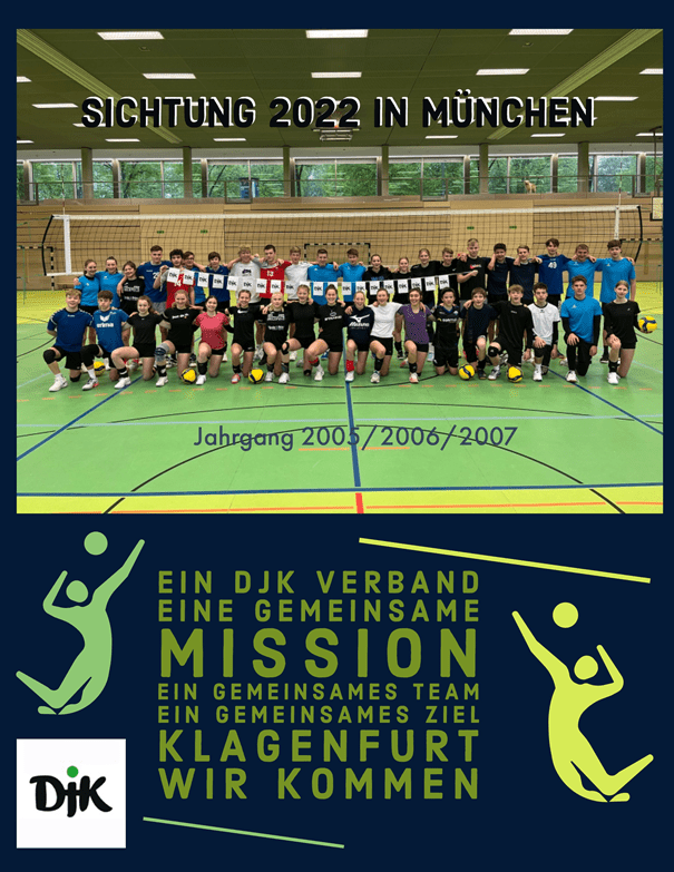 Gruppenfoto von sportlichen Jugendlichen in einem Hallenbereich, versammelt f&uuml;r die Sichtung 2022 in M&uuml;nchen.