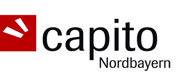 Logo von capito Nordbayern mit rotem Quadrat, wei&szlig;em Symbol und schwarzer Schrift.