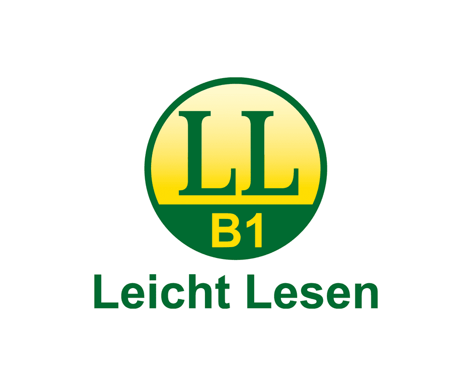 Logo der Initiative "Leicht Lesen" mit gr&uuml;nem Schriftzug auf gelbem Grund und der Kennzeichnung "B1".