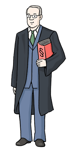 Karikatur eines Richters in Robe mit Brille, der ein Gesetzbuch mit Paragraphenzeichen h&auml;lt.