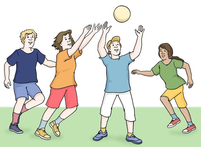 Vier Kinder springen begeistert nach einem Ball auf einer grünen Wiese, zwei stehen vorne, zwei hinten.