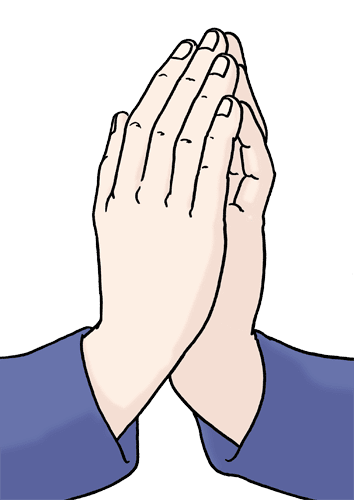 Zwei H&auml;nde in Gebetshaltung, die sich vor einem blauen &Auml;rmel ber&uuml;hren.