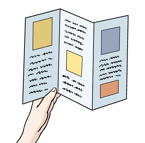 Hand hält gefaltete Speisekarte mit bunten Kästen und handschriftlichem Text auf leichtem Hintergrund.