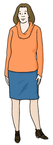 Frau mit mittellangen, braunen Haaren in einem orangefarbenen Pullover und blauer Rock steht aufrecht.
