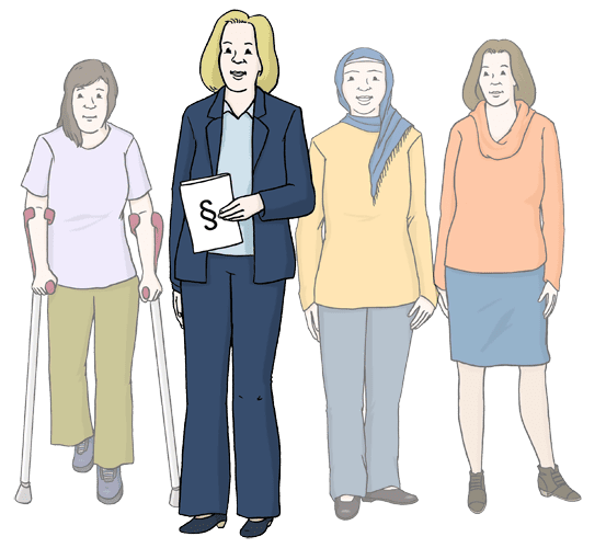 Vier Frauen stehen nebeneinander. Eine h&auml;lt ein Dokument und eine Gesetzesparagraphen-Symbol in der Hand.