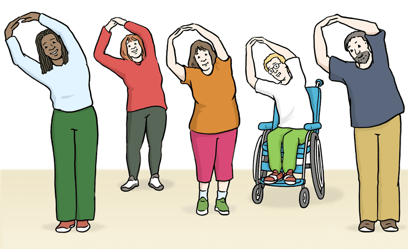 F&uuml;nf Personen f&uuml;hren gemeinsam Dehn&uuml;bungen aus, eine sitzt im Rollstuhl. Alle strahlen Freude aus.