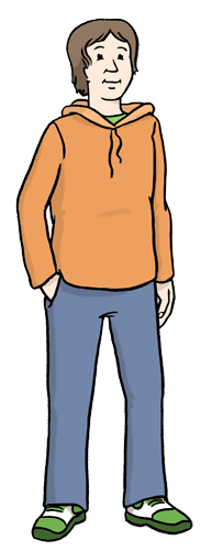 Junger Mann mit braunen Haaren, orangefarbener Kapuzenjacke und blauen Jeans steht l&auml;ssig mit H&auml;nden in den Taschen.