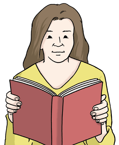 Frau mit langen Haaren h&auml;lt ein aufgeschlagenes Buch in den H&auml;nden und schaut darauf. Sie tr&auml;gt ein gelbes Oberteil.