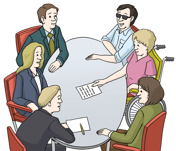 Sechs Personen in einem Meeting um einen ovalen Tisch, einige mit Notizen, eine Person im Rollstuhl.