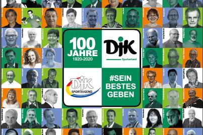 Collage aus Portr&auml;tfotos von Mitgliedern zur Feier von 100 Jahren DJK Sportverband, mit bunten Hintergr&uuml;nden und Slogans.
