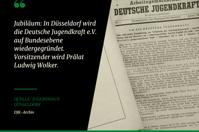 Schwarz-wei&szlig;es Dokument mit Titel &bdquo;Deutsche Jugendkraft&ldquo; und Mitteilung &uuml;ber die Wiedergr&uuml;ndung in D&uuml;sseldorf.