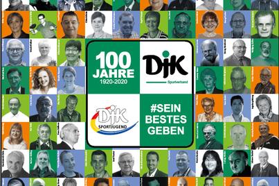 Collage aus Portr&auml;tfotos von Mitgliedern zur Feier von 100 Jahren DJK Sportverband, mit bunten Hintergr&uuml;nden und Slogans.