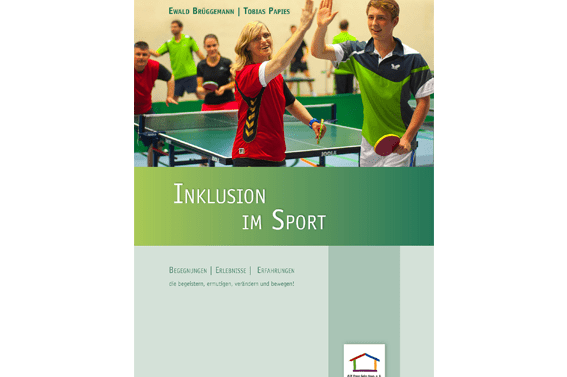 Cover eines Buches mit dem Titel &bdquo;Inklusion im Sport&ldquo;, das Tischtennisspieler in Aktion zeigt.
