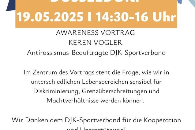 Plakat zur J&uuml;dischen Campuswoche in D&uuml;sseldorf mit Informationen zum Awareness-Vortrag von Keren Vogler.