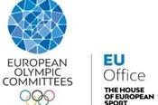 Logo der Europ&auml;ischen Olympischen Komitees mit f&uuml;nf Ringen und dem Text "EU Office - THE HOUSE OF EUROPEAN SPORT".