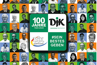 Mosaik aus Portr&auml;ts und Farben, das 100 Jahre DJK Sportverband feiert, mit zentralem Text &bdquo;#SEIN BESTES GEBEN&ldquo;.