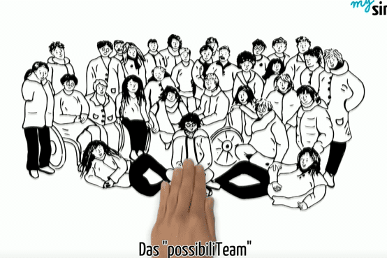 Zeichnung von 40 Personen in verschiedenen Posen, um ein Team mit einem Handansatz in der unteren Bildmitte.