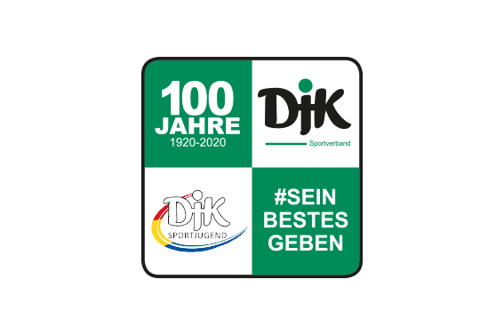 Logo des DJK Sportverbands, 100 Jahre Jubil&auml;um, mit Schriftzug und Sportjugend-Logo, in gr&uuml;n-wei&szlig;er Farbgestaltung.