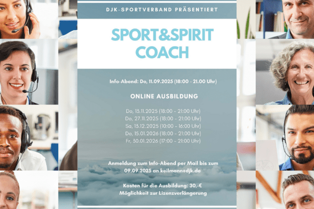 Collage von Menschen mit Headsets, umrahmt von Informationen zur Online-Ausbildung &bdquo;Sport&Spirit Coach&ldquo; und Terminangaben.