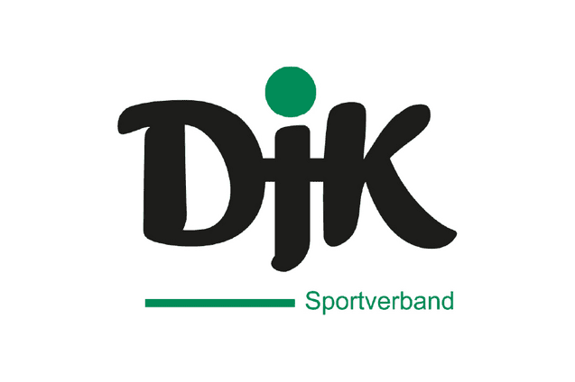 Logo des DJK Sportverbands, schwarze Schrift mit gr&uuml;nem Punkt &uuml;ber dem &bdquo;J&ldquo; und gr&uuml;ner Unterzeile &bdquo;Sportverband&ldquo;.