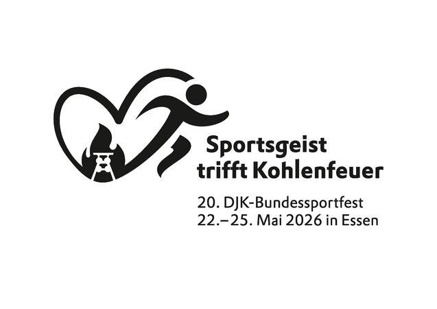 Logo des DJK-Bundessportfests mit Schriftzug &bdquo;Sportsgeist trifft Kohlenfeuer&ldquo;, Datum und Ort, grafische Darstellung eines Sportlers.