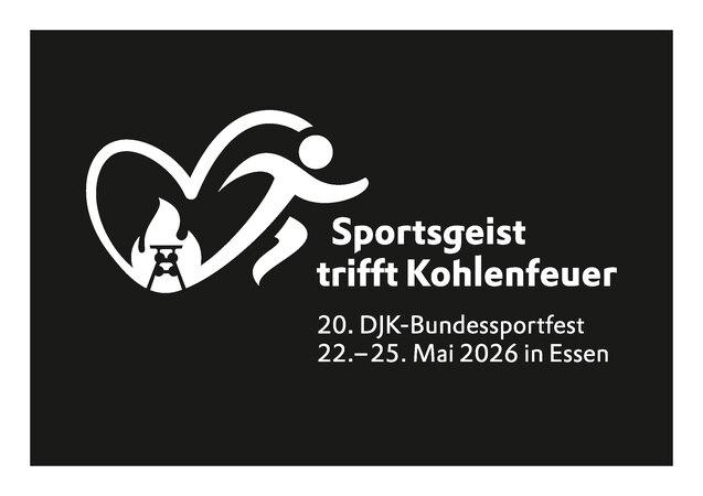 Logo des 20. DJK-Bundessportfestes mit den Worten &bdquo;Sportgeist trifft Kohlenfeuer&ldquo;, Datum: 22.&ndash;25. Mai 2026 in Essen.