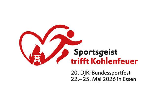 Logo des 20. DJK-Bundessportfests mit Herz, L&auml;ufer und Textinformationen zu Ort und Datum.
