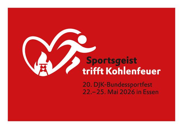Logo des 20. DJK-Bundessportfests: Schriftzug &bdquo;Sportgeist trifft Kohlenfeuer&ldquo; mit sportlicher Grafik auf rotem Hintergrund.
