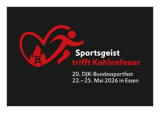 Logo des DJK-Bundessportfestes 2026 mit den Worten &bdquo;Sportsgeist trifft Kohlenfeuer&ldquo; und Veranstaltungsterminen in Essen.
