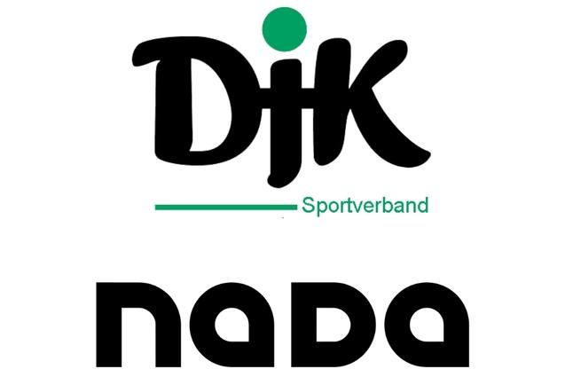 Logo des DJK Sportverbands und NADA mit dem Slogan &bdquo;F&uuml;r saubere Leistung&ldquo; in Schwarz und Wei&szlig;.