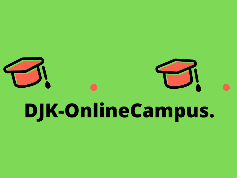 Grafik mit gr&uuml;ner Hintergrundfarbe, zwei H&uuml;ten und dem Text &bdquo;DJK-OnlineCampus&ldquo;.