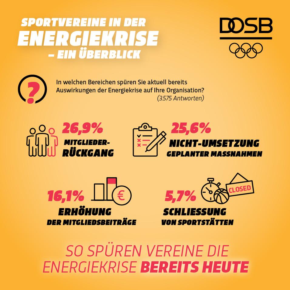 Grafik zu den Auswirkungen der Energiekrise auf Sportvereine mit Prozents&auml;tzen und Symbolen f&uuml;r Mitgliederr&uuml;ckgang und Schlie&szlig;ungen.