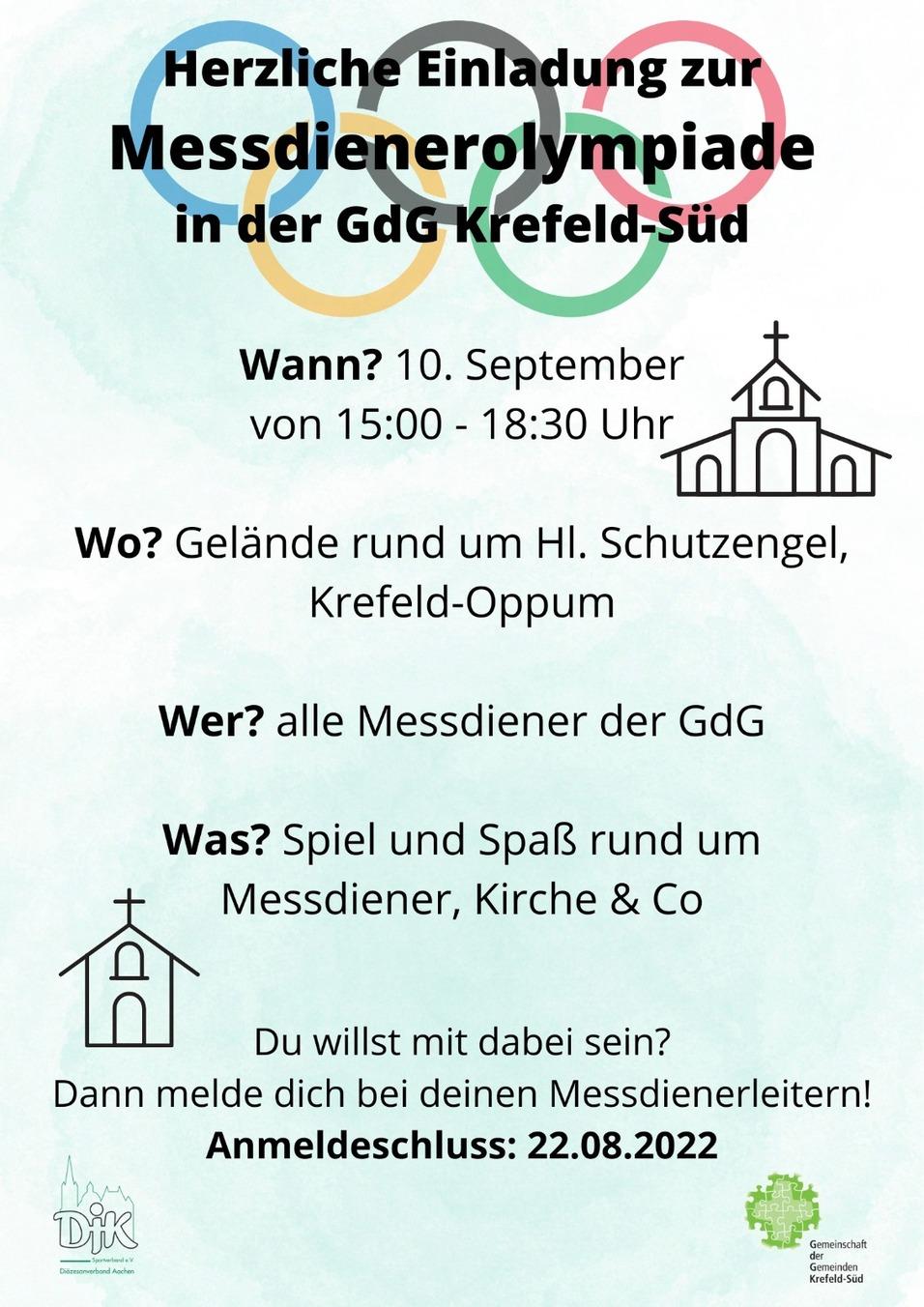 Einladung zur Messdienerolympiade am 10. September in Krefeld-Oppum mit Spiel und Spa&szlig; rund um Messdiener und Kirche.
