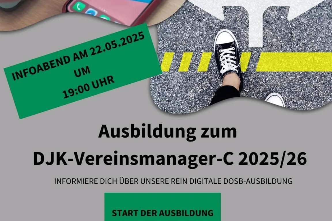 Info-Abend zur DJK-Vereinsmanager-C Ausbildung 2025/26 mit Angaben zu Termin und Kontaktinformationen auf farbigem Hintergrund.