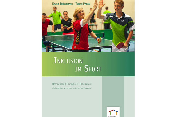 Cover eines Buches mit dem Titel &bdquo;Inklusion im Sport&ldquo;, das Tischtennisspieler in Aktion zeigt.