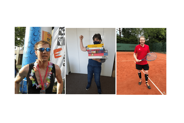 Drei Bilder: Ein Mann mit Medaille, jemand h&auml;lt Spiele in die H&ouml;he und ein Tennisspieler auf dem Platz.