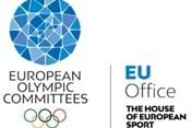 Logo der Europ&auml;ischen Olympischen Komitees mit f&uuml;nf Ringen und dem Text "EU Office - THE HOUSE OF EUROPEAN SPORT".