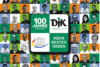 Mosaik aus Portr&auml;ts und Farben, das 100 Jahre DJK Sportverband feiert, mit zentralem Text &bdquo;#SEIN BESTES GEBEN&ldquo;.