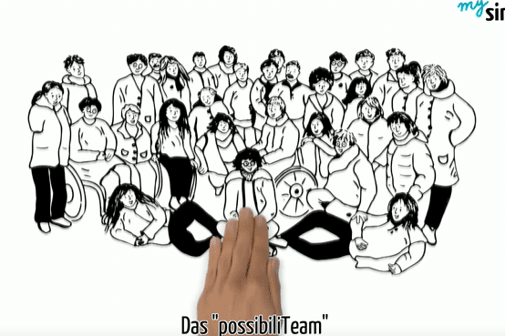 Zeichnung von 40 Personen in verschiedenen Posen, um ein Team mit einem Handansatz in der unteren Bildmitte.