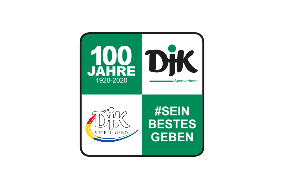 Logo des DJK Sportverbands, 100 Jahre Jubil&auml;um, mit Schriftzug und Sportjugend-Logo, in gr&uuml;n-wei&szlig;er Farbgestaltung.