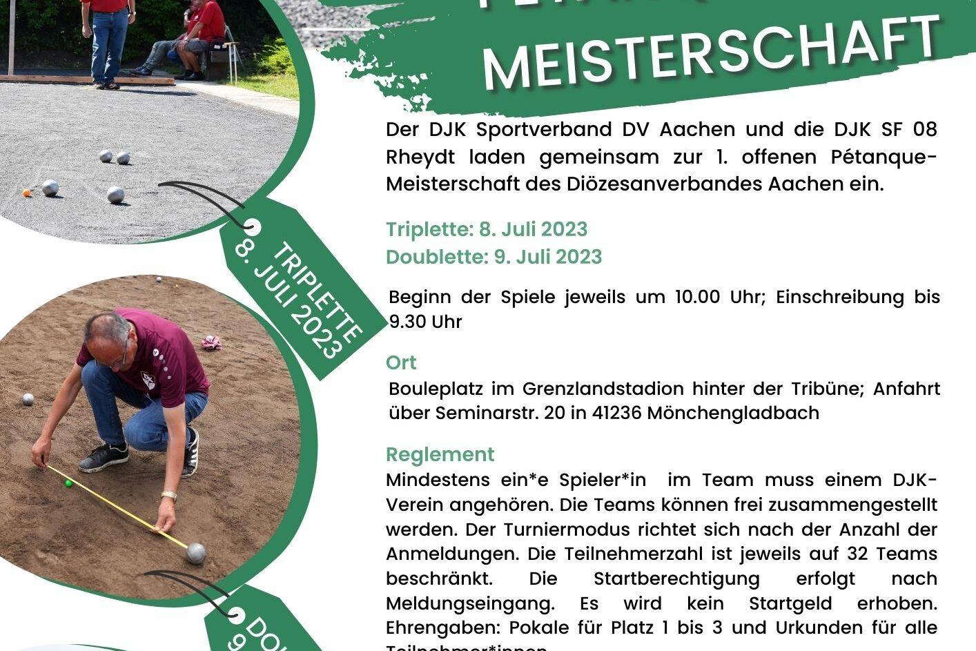 Poster f&uuml;r die DJK-P&eacute;tanque-Meisterschaft mit Informationen zu Terminen, Anmeldungen und Regeln auf gr&uuml;nem Hintergrund.