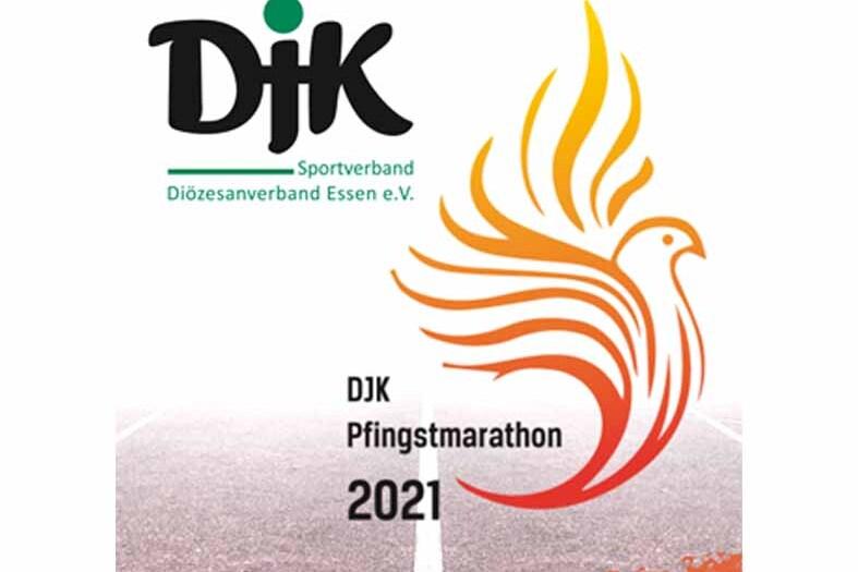 Logo des DJK Sportverbands und Darstellung eines ph&ouml;nix&auml;hnlichen Symbols mit dem Text &bdquo;DJK Pfingstmarathon 2021&ldquo;.