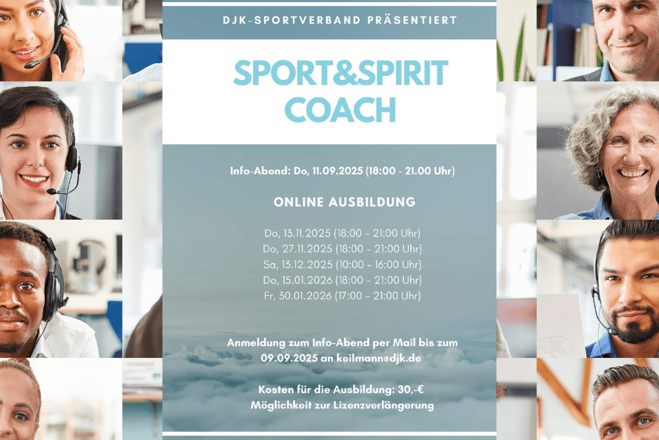 Collage von Menschen mit Headsets, umrahmt von Informationen zur Online-Ausbildung &bdquo;Sport&Spirit Coach&ldquo; und Terminangaben.