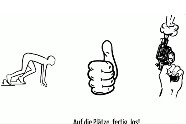 Drei Illustrationen symbolisieren den Start einer Wettkampfsituation:Startposition, Daumen hoch und Startsignal mit einer Pistole.