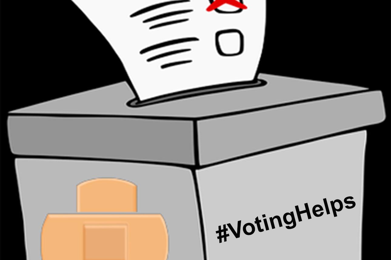 Wahlurne mit einem Stimmzettel, auf dem ein K&auml;stchen rot markiert ist; beschriftet mit &bdquo;#VotingHelps&ldquo;.